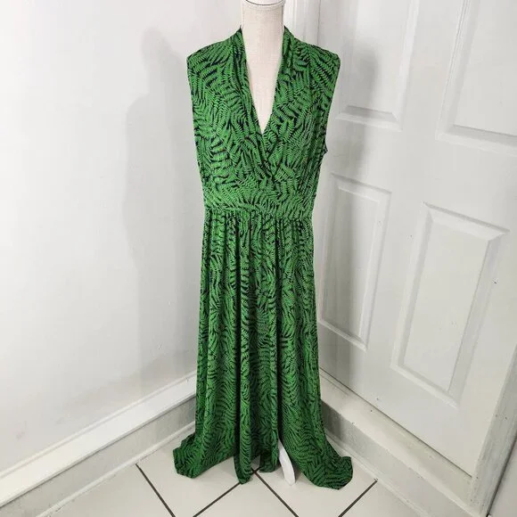 Michael Kors | Dresses | Michael Kors Dress Womens Womens Xl Green Fern  Leaf Leaves Surplice Front Slit | Poshmark